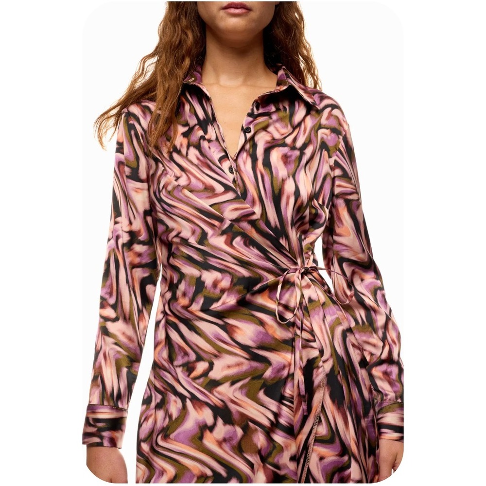 Donna Morgan Purple Abstract Marble Swirl Tie Waist Shirt Dress Womens 14 NWT